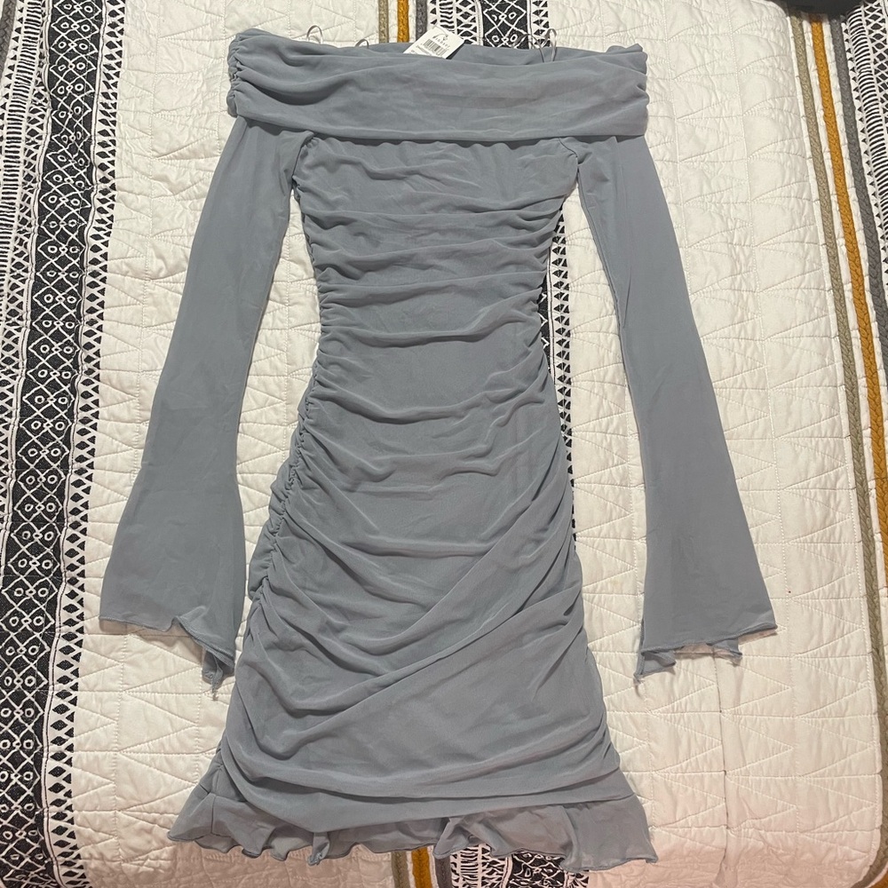 Windsor Gray Ruched Off-Shoulder Bodycon Dress